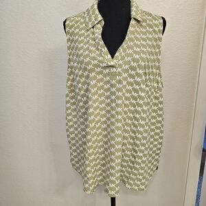 Michael Kors Patterned Sleeveless Blouse in Olive and White